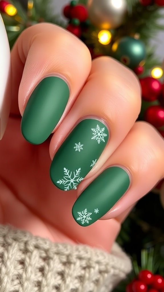 Matte Green Christmas Nail Art Matte green Christmas nails with white snowflakes, set against a festive background.